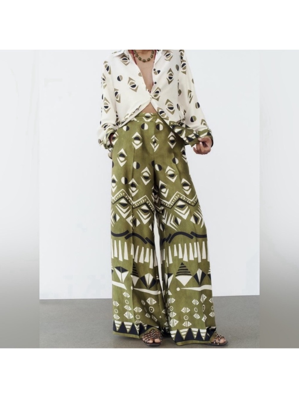 Zara Olive Geometric Wide-Leg Palazzo Pants
